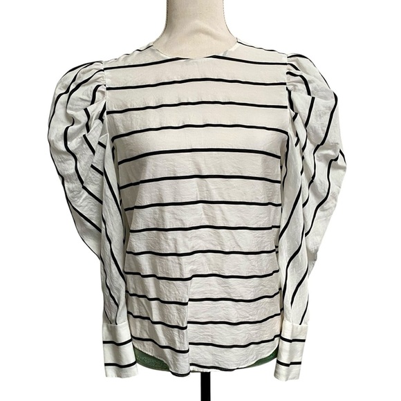Zara Puff Sleeve Striped Blouse XS Black White Asymmetric Back Modern Chic - Picture 4 of 16
